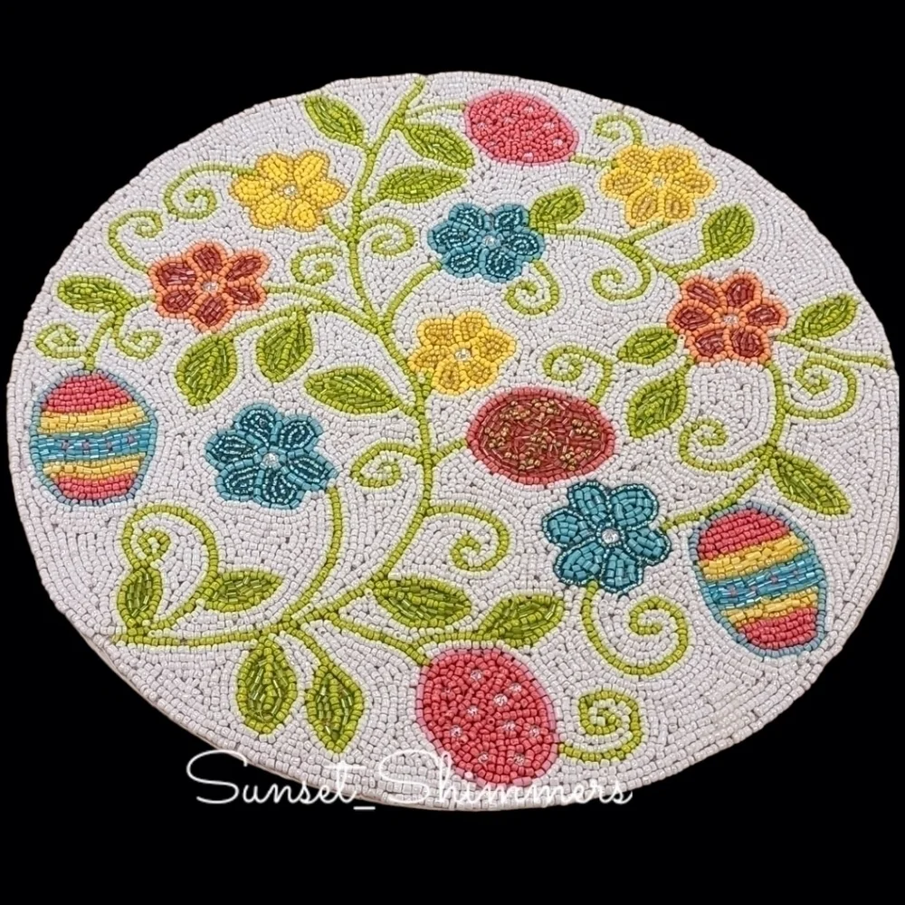 x2 SHABBY CHIC EASTER Egg & Flowers BEADED Jeweled PLACEMAT CHARGERS 14
